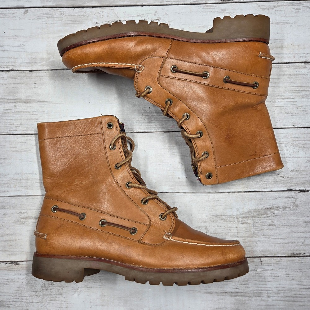Sperry Top-Sider Lace Up Boots Women 8M Tan Leather Lug Sole Striped Lining
